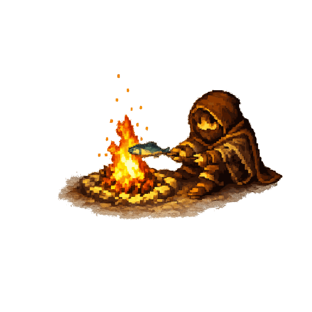 Pixel adventurer resting by a fire